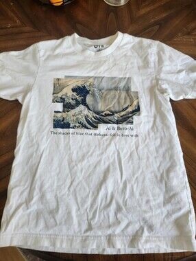 Uniqlo White Tee with Blue Hokusai Wave Graphic